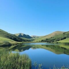 Obraz premium Serene lake reflecting green hills under a clear blue sky. (1)