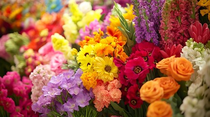 A seamless arrangement of flowers in vivid colors forming a radiant display