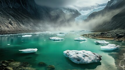 Naklejka premium Tranquil glacial lake surrounded by towering mountains and misty