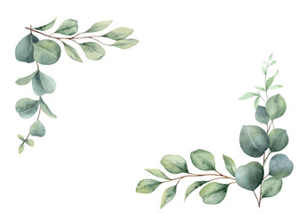 Watercolor vector corner border frame with green eucalyptus leaves and branches. Greenery clipart for wedding invitation, greeting cards, save the date, stationery design. Hand drawn illustration.