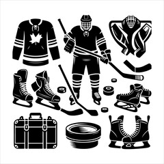 Ice hockey equipment silhouette vector. Hockey elements vector set silhouette illustration 