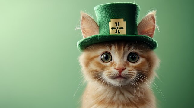Adorable Ginger Kitten Wearing a Green Leprechaun Hat for St. Patrick's Day.