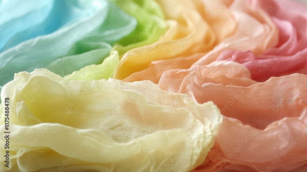 Poster soft and elegant fabric waves in a rainbow of colors, showcasing delicate textures and translucent l