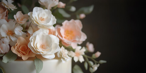 Fototapeta premium A beautiful cake elegantly decorated with lifelike sugar flowers in shades of white and pink, surrounded by green leaves, creating a perfect floral masterpiece.