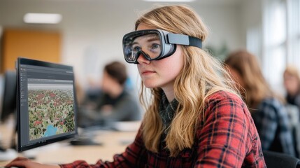 A student wearing AR/VR goggles interacts with a 3D model on a computer screen.  This technology may be used in architecture, urban planning, or landscape design education.
