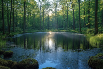 Fototapeta premium Serene forest pond reflecting sunrise light through trees