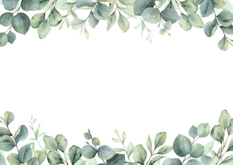 Watercolor vector border frame with green eucalyptus leaves and branches. Greenery clipart for wedding invitation, greeting cards, save the date, stationery design. Hand drawn illustration.