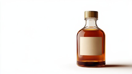 Amber Liquid Bottle with Blank Label on White Background