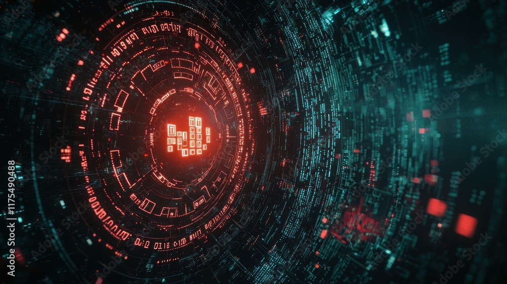 Poster digital matrix: red and teal abstract data stream