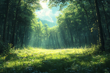 Obraz premium Sunlit Forest Glade With Lush Green Meadow And Trees