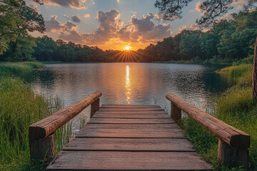Naklejka premium Serene Sunset Over Wooden Lake Dock In Woods