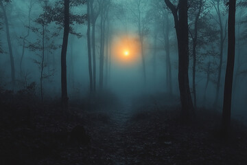 Naklejka premium Misty Forest Path With Distant Sunset Glow