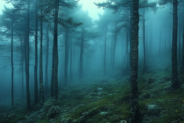 Obraz premium Enigmatic Fog Shrouds a Mystical Pine Forest