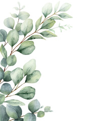 Watercolor vector wreath with green eucalyptus leaves and branches. Greenery clipart for wedding invitation, greeting cards, save the date, stationery design. Hand drawn illustration.