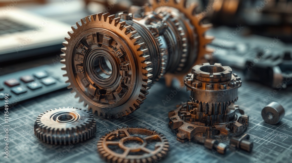 Poster engineering blueprint, intricate mechanical drawing showcasing gear set with calculator for precise 