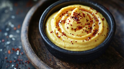 A ramekin of spicy mustard with decorative swirls of hot sauce, isolated on a dark wooden plate