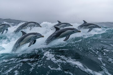 Fototapeta premium Dolphins leaping playfully in ocean waves