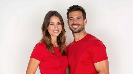 Obraz premium Smiling Couple In Red T-Shirts, Radiating Happiness In A Clean And Simple Studio Portrait