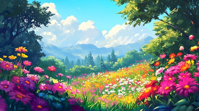 A lush vibrant field of colorful flowers creating a cheerful and radiant scene