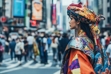 Colorful attire contrasts with bustling urban backdrop, showcasi