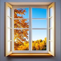 A big bright glass window showing autumn leaves and clear blue sky in a serene landscape. ,


