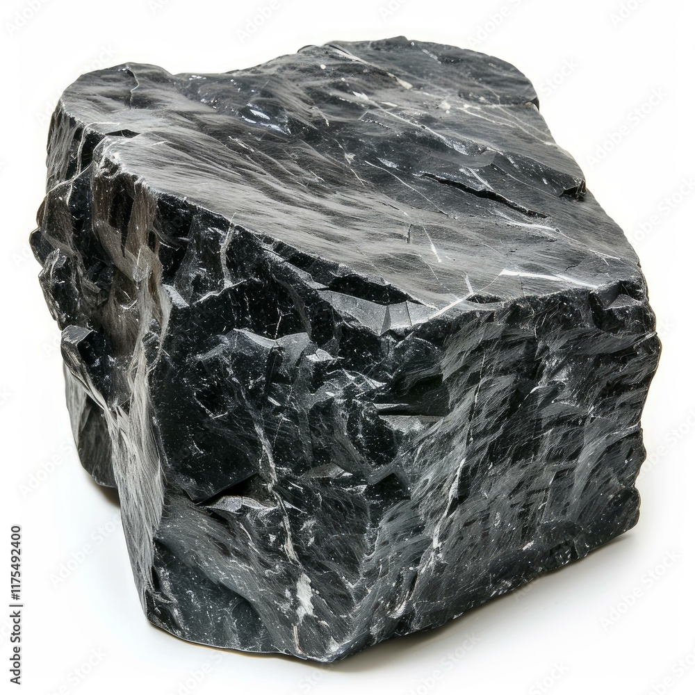 Poster raw black stone with rough texture isolated on white background, creating high contrast image for ge