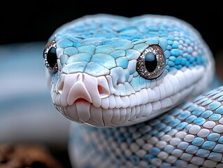 A close up of a blue and white snake's face