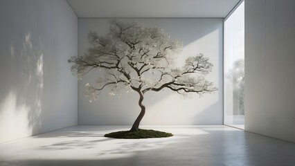 A serene, minimalist white room is illuminated by soft light, with a solitary tree standing as a symbol of nature and tranquility