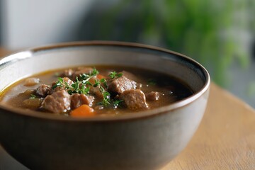 Rich, hearty soup in rustic bowl garnished with fresh herbs and
