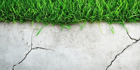 Cracked concrete surface and lush grass texture background for design concepts