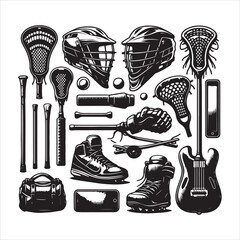 Lacrosse equipment set silhouette. Silhouette set of lacrosse elements vector set on a white background