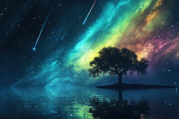 Luminous night sky filled with vibrant colors and shooting stars
