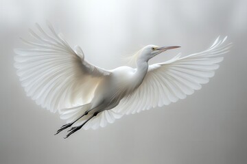 Fototapeta premium graceful egret soaring through the air with its wings spread wide captured in a moment of flight against a stark white backdrop an elegant portrayal of natures beauty