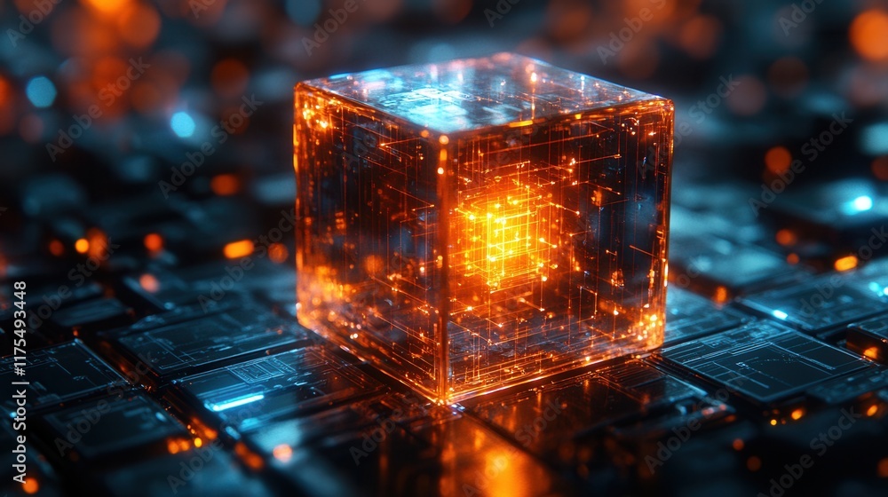 Poster futuristic metallic cube with holographic display in a high-tech environment, evoking a sense of adv