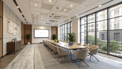 Fototapeta premium A modern meeting room and spacious office interior with large windows, wooden furniture and potted plants