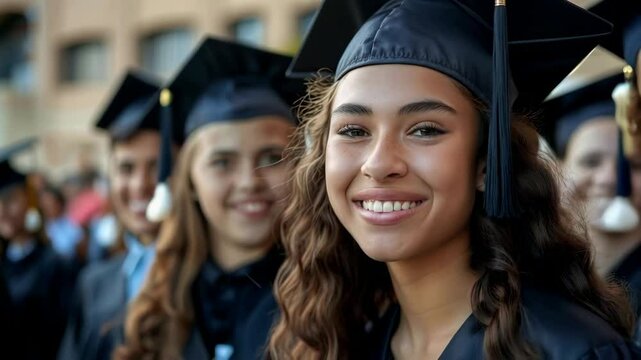 High school students wearing black gowns and caps in a graduation photo