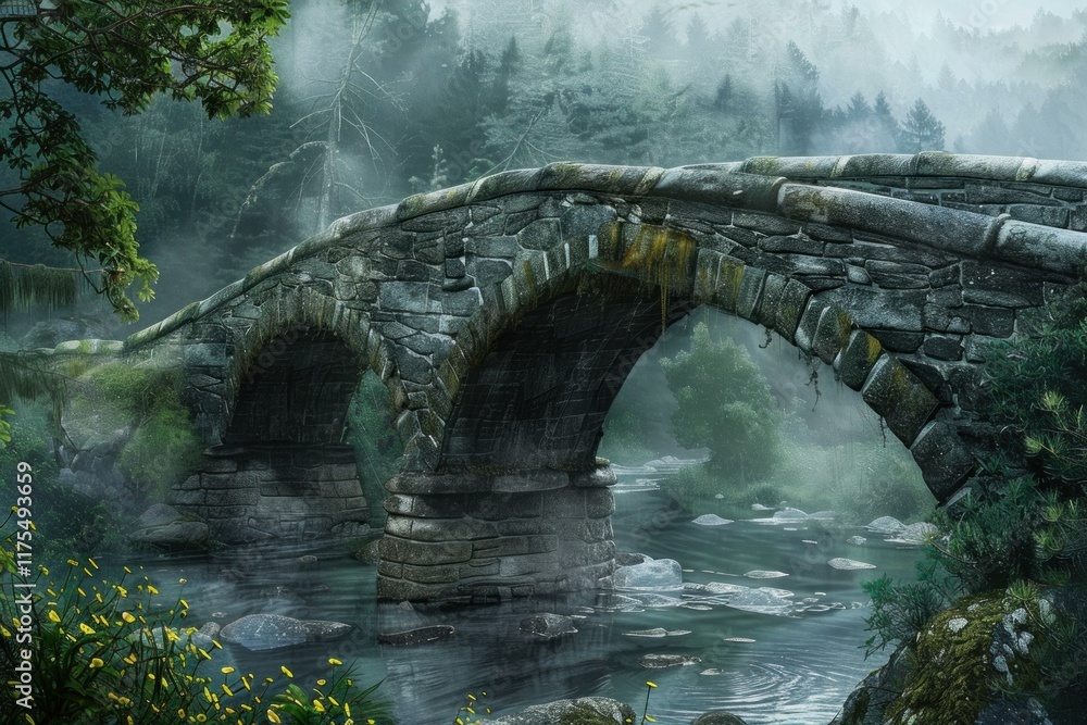 Poster ancient stone bridge crossing a misty river flowing through a tranquil forest, creating a serene and