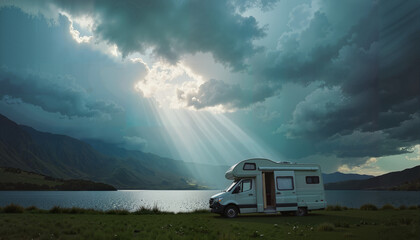  Campervan under dramatic cloudy sky by a lake