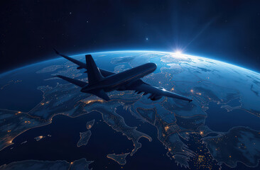 Obraz premium Airplanes flying over planet earth, trajectory lines, flight, night, city lights, view from space
