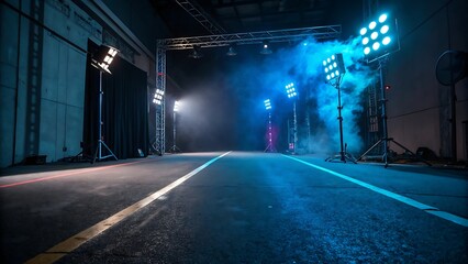A dark, empty street at night with colorful neon lights and smoke creating a moody, atmospheric scene