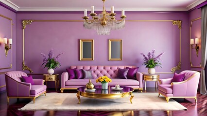 A luxurious purple living room with a large pink velvet sofa, a gold chandelier, and framed artwork on the walls
