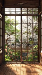 Captivating view from an edo period mansion showcasing a serene garden through seasons