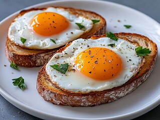 Two fried eggs on toast on a white plate