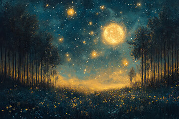 Enchanting Moonlit Forest Night Scene With Glowing Flowers