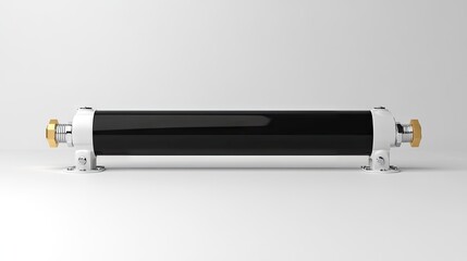 Sleek black cylindrical component with white mounting brackets and brass fittings. Ideal for industrial applications requiring fluid or gas transfer.