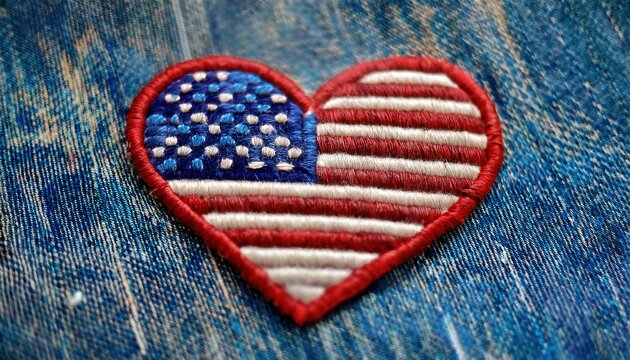 Heart Shaped American Flag Patch on Blue Denim Fabric Background Representing Patriotism, Fashion, and Creative DIY Craft Ideas - Powered by Adobe