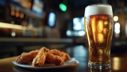 Close-up of a frosty glass of beer next to a plate of hot wings on a table in a dimly lit restaurant 