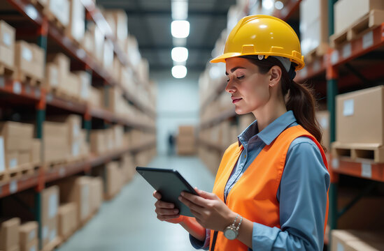 Thinking, warehouse and woman on tablet for inspection, inventory and online stock. Manufacturing, distribution and person on digital tech for logistics, maintenance and supply chain list in factory