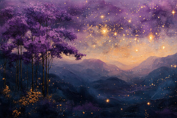 Fototapeta premium Purple Trees Golden Lights Mountain Landscape Painting
