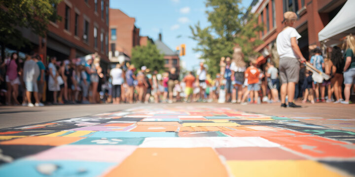 Vivid street art brightens a city avenue during a lively festival as people mingle in the background, celebrating creativity and community under the summer sun.
